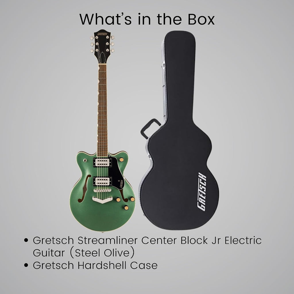 Gretsch G2655 Streamliner Center Block Jr. Electric Guitar with Maple Body (Steel Olive) Bundle