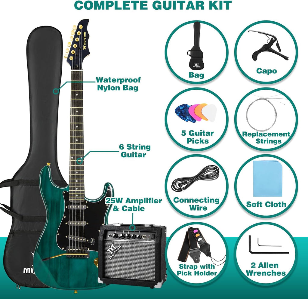 MUSTAR Electric Guitar Kit with 25W Amplifier, 39 Inch Full Size Solid Wood Electric Guitar Beginner Kits, Gig Bag, Digital Tuner, Capo, Strap, Cable, Picks, Birthday Holiday Gifts (Green, MEG-100)