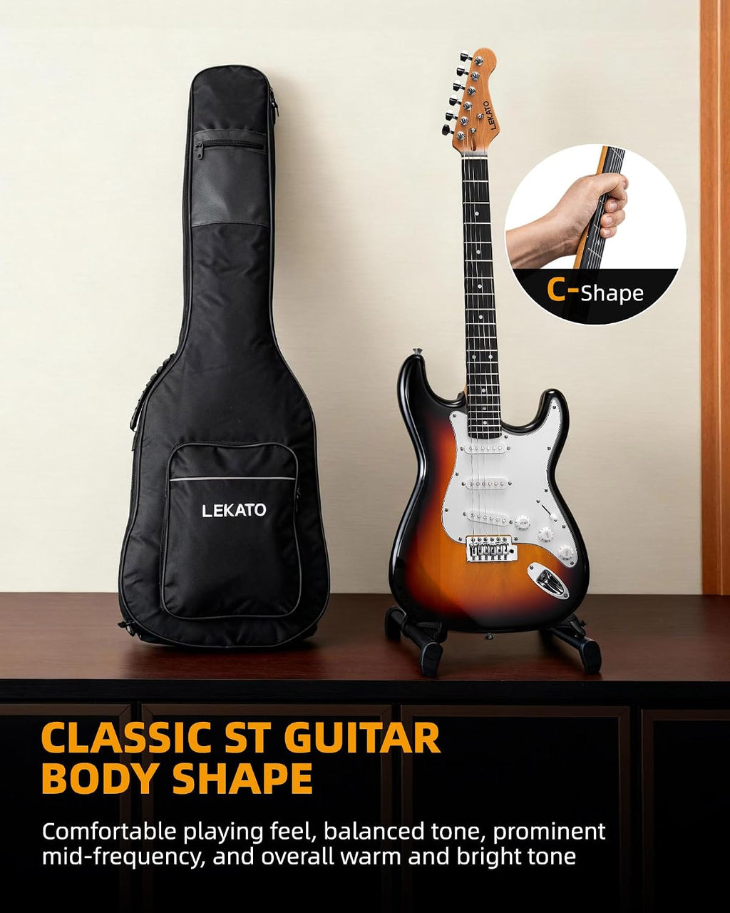 LEKATO Beginner Electric Guitar Kit 39 Inch Full Size Solid Body Guitar SSS for Starter Roasted Maple Neck Stainless Steel Frets, 5w Plug-in Amp, Bag, Tuner, Capo, Strap, Picks, String, Cable-Sunburst