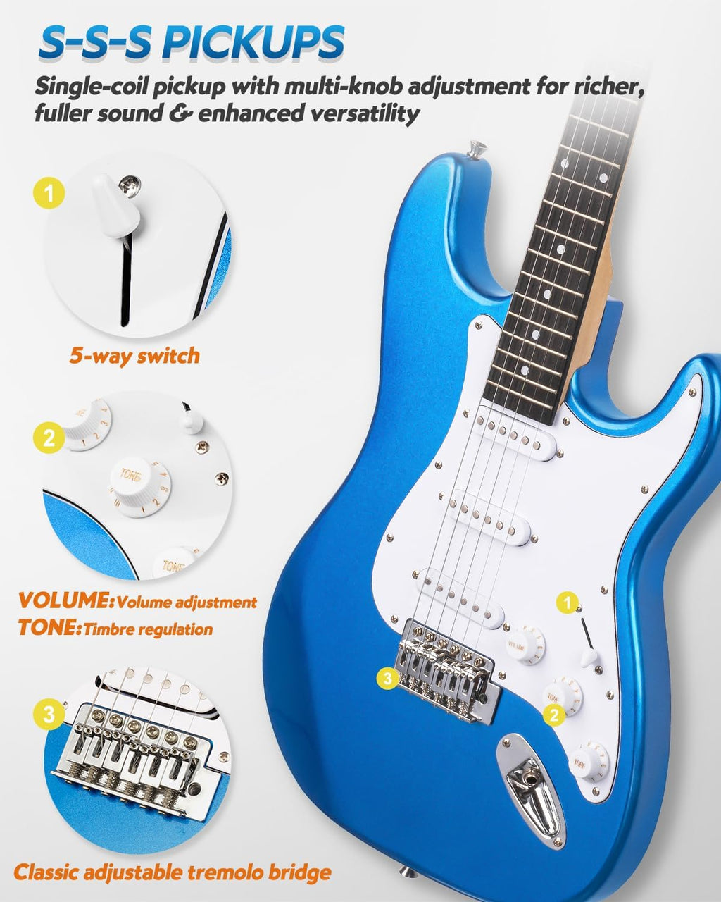 STRICH Electric Guitar Beginner Kit, Solid Body 39' Full Size Electric Guitar SSS Pick Up for Starter, with 5W x 2 Amp, Bag, Digital Tuner, Capo, Strap, String,Cable, Picks, SST-S10 Sapphire Blue