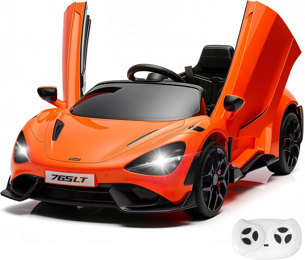 Kids Ride-on Car Licensed McLaren765LT for 3-6Years Old, Electric car 12V Battery Powered Electric Vehicle, w/Parent Remote, Music Player, LED Lights, Smooth Start, 3 Speeds, (Orange)