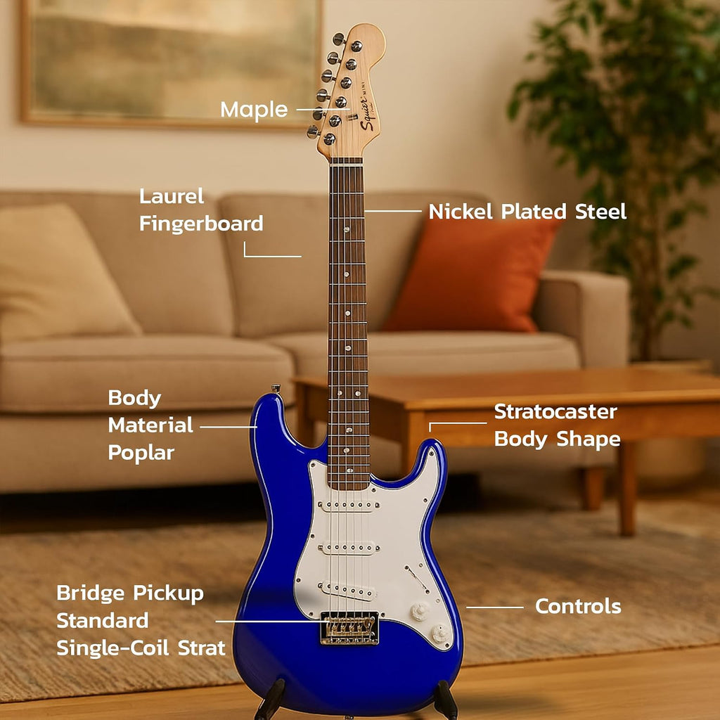 Fender Squier 3/4-Size Kids Mini Strat Electric Guitar - Imperial Blue Bundle with Amplifier, Cable, Tuner, Strap, Picks, and Austin Bazaar Instructional DVD