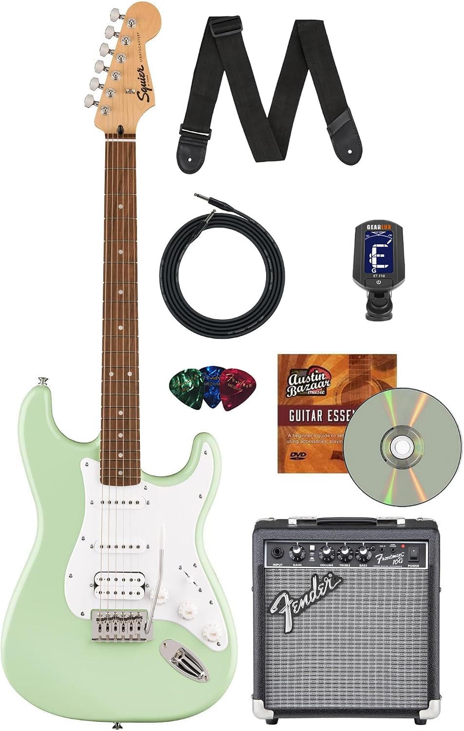 Fender Squier Sonic Stratocaster HSS - Surf Green Bundle with Frontman 10G Amp, Cable, Tuner, Strap, Picks, and Austin Bazaar Guitar DVD