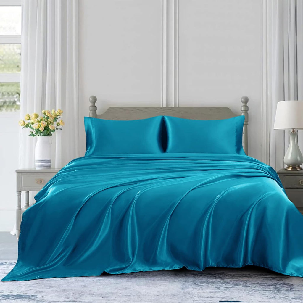 16 Momme 100% Mulberry Silk Bedding Set Queen Size 4-Piece Luxury (2 Pillowcases, 1 Fitted Sheet, 1 Flat Sheet) - 6A Grade Natural Silk Fits 22-25' Deep Pocket (Solid, Turquoise)