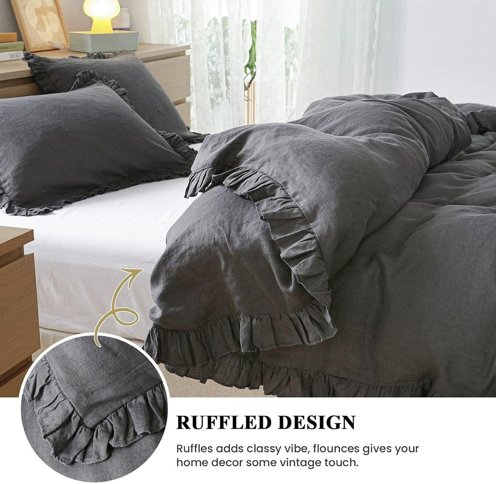 Simple&Opulence 100% Linen Duvet Cover Set, 3 PCS Natural French Flax Dark Grey Ruffle Duvet Cover King Size, Breathable Comfy Linen Bedding Comforter Cover with 2 Pillowcases (Dark Grey, 104' X 92')