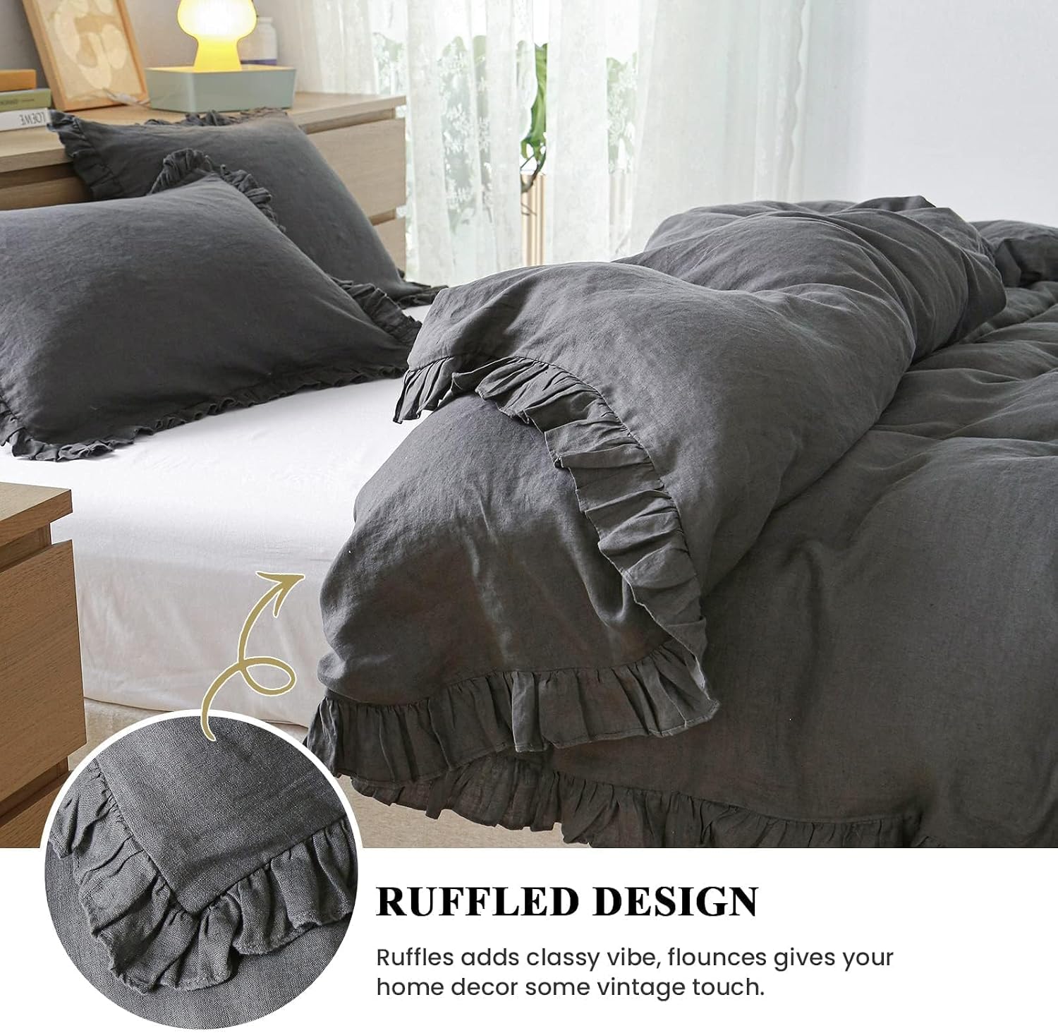 Simple&Opulence 100% Linen Duvet Cover Set, 3 PCS Natural French Flax Dark Grey Ruffle Duvet Cover King Size, Breathable Comfy Linen Bedding Comforter Cover with 2 Pillowcases (Dark Grey, 104' X 92')