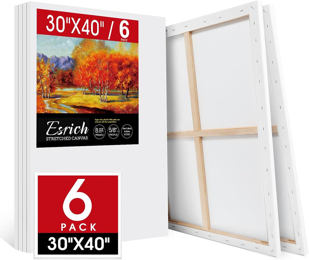 ESRICH Stretched Canvas for Painting 30x40 Inch, 6Pack Large Canvas for Painting, Primed Acid-Free Cotton Blank Canvases, Art Paint Canvases for Oil Paint,Watercolor,Acrylic Paint,Gouache and Tempera.