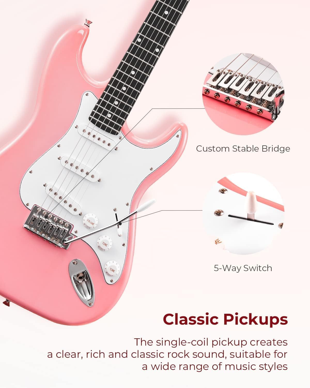 Vangoa 39 Inch Full Size Electric Guitar Beginner Kit Solid Body Pink SSS Pickups with Amp, Bag, Tremolo Bar, Strings, Tuner, Picks, Strap, Capo, Cable for Starter Girls Adults Teens