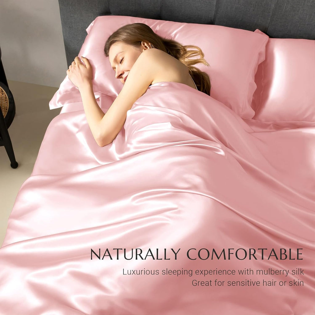 THXSILK Silk Duvet Cover, 100% 7A+ Mulberry Silk Comforter Cover, Seamless, Breathable, Easy Care Zipper Closure, 1 Duvet Cover Only - Queen, Charming Pink