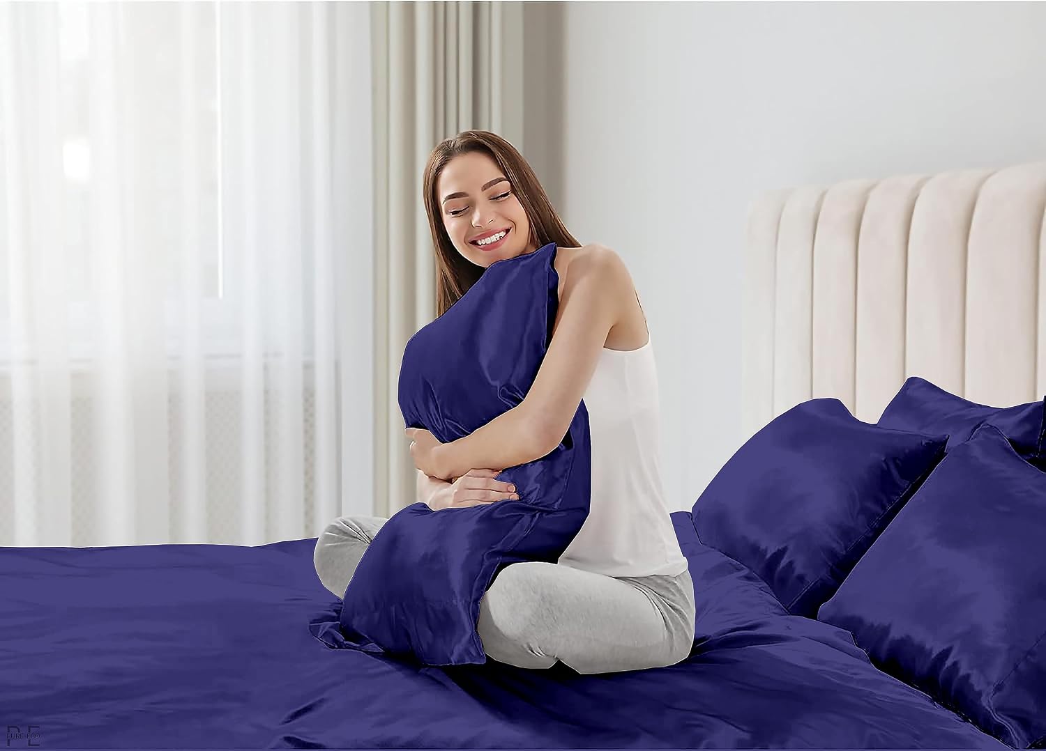 6 Piece Mulberry Silk Sheet Set Queen Size (60x80)+ Upto 16 Inch Deep Pocket Navy Blue Color Smooth Soft and Silk Bed Sheets Queen Size Bedding Set