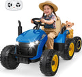 ANPABO 24V Ride On Tractor w/Tiltable & Detachable Trailer, EVA Tires, Up to 4.3Mph, Ride On Toys with Parental Remote, Realistic Tractor Sound & Chimney, Music Player, LED Light, Blue