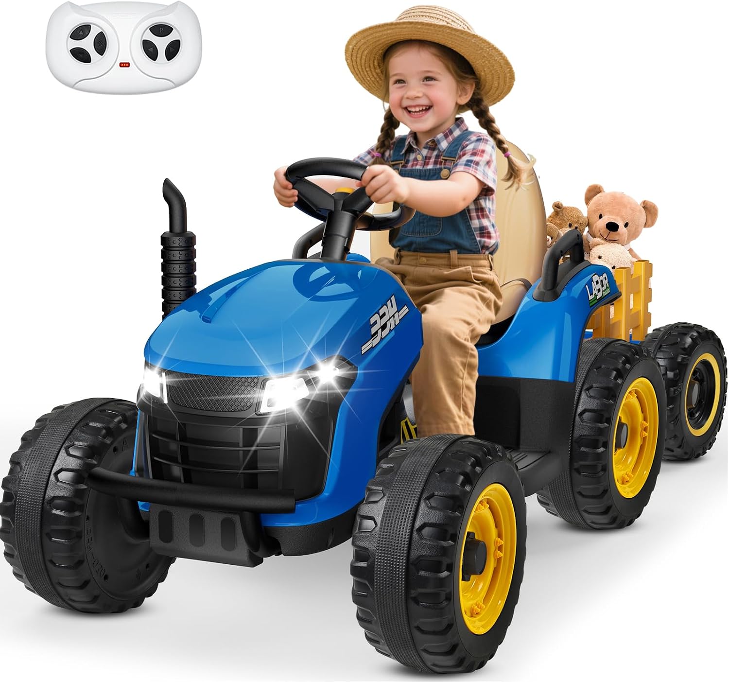 ANPABO 24V Ride On Tractor w/Tiltable & Detachable Trailer, EVA Tires, Up to 4.3Mph, Ride On Toys with Parental Remote, Realistic Tractor Sound & Chimney, Music Player, LED Light, Blue