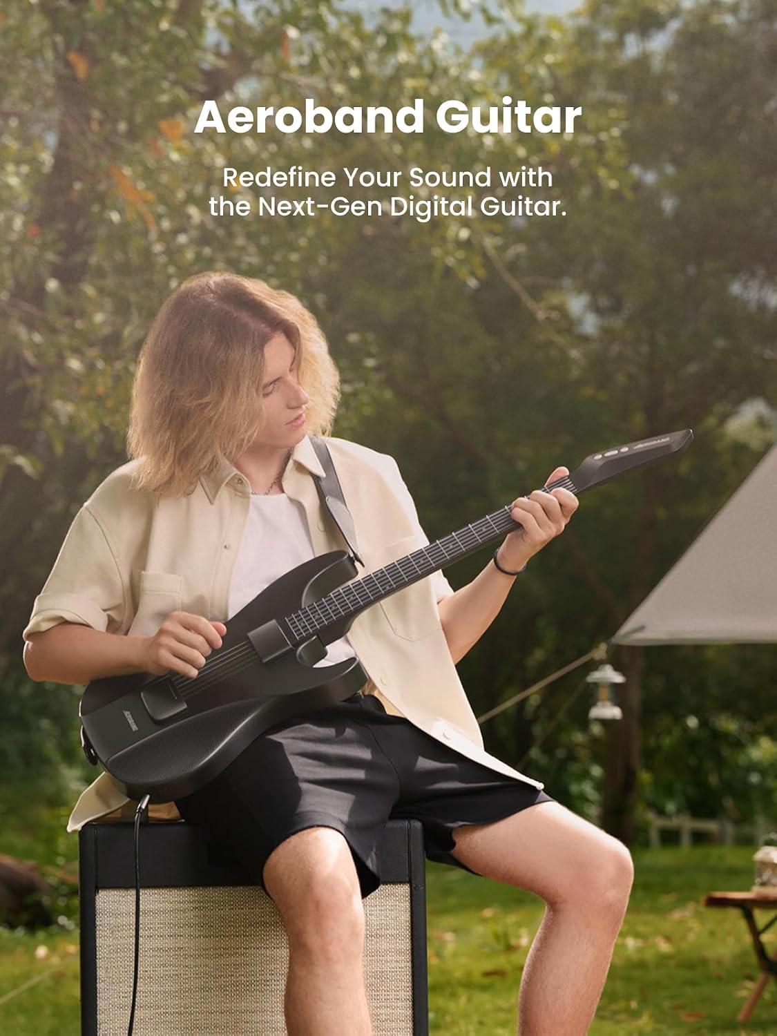 AeroBand Guitar Smart Guitar With Silicone Strings, Travel Silent Guitar With Detachable Fretboard, Headphone Jack, Built-in Speaker and Drum system, Aeroband APP Play, MIDI (White)