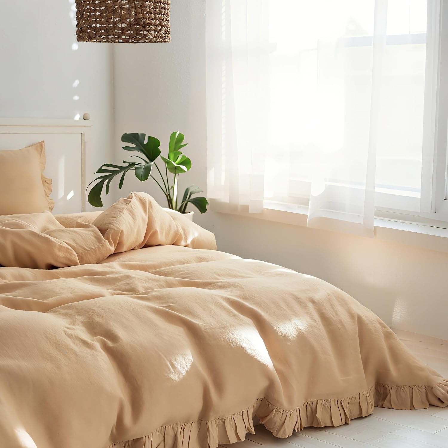 Simple&Opulence 100% Linen Duvet Cover Set, 3 PCS Natural French Flax Sand Ruffle Duvet Cover Full Size, Breathable Comfy Linen Bedding Comforter Cover with 2 Pillowcases (Sand, 78' X 86')