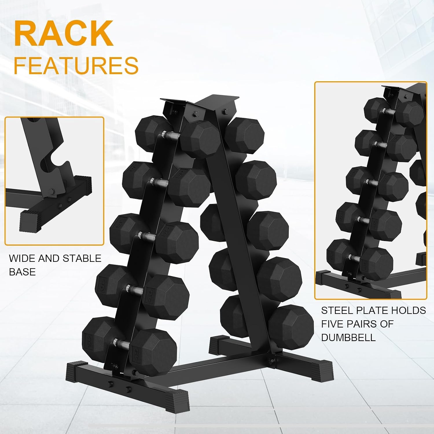 Hex Dumbbell Sets with Rack, 350LB (25-45Lb, 5 Pairs) Rubber Coated Dumbbell Weight Set and Storage Rack,Multiple Sizes Exercise & Fitness Dumbbells for Muscle Toning, Strength Building & Full Body Workout