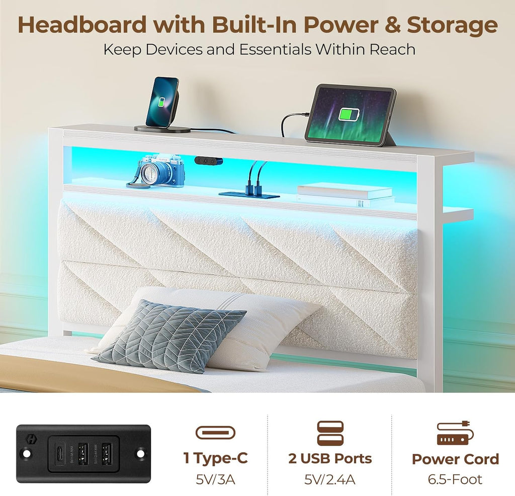 Seventable Twin Bed Frame with 4 Storage Drawers, Charging Station & LED Lights, Upholstered Headboard with 2-Tier Shelves, Metal Platform Bed, No Box Spring Needed, Noise-Free, White