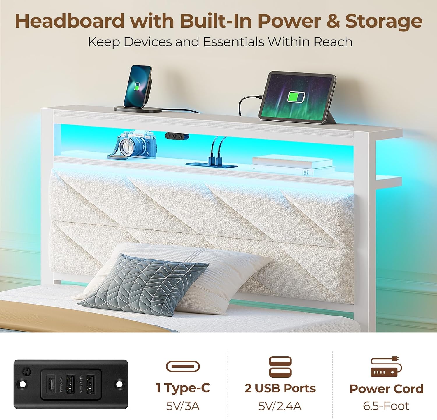 Seventable Twin Bed Frame with 4 Storage Drawers, Charging Station & LED Lights, Upholstered Headboard with 2-Tier Shelves, Metal Platform Bed, No Box Spring Needed, Noise-Free, White