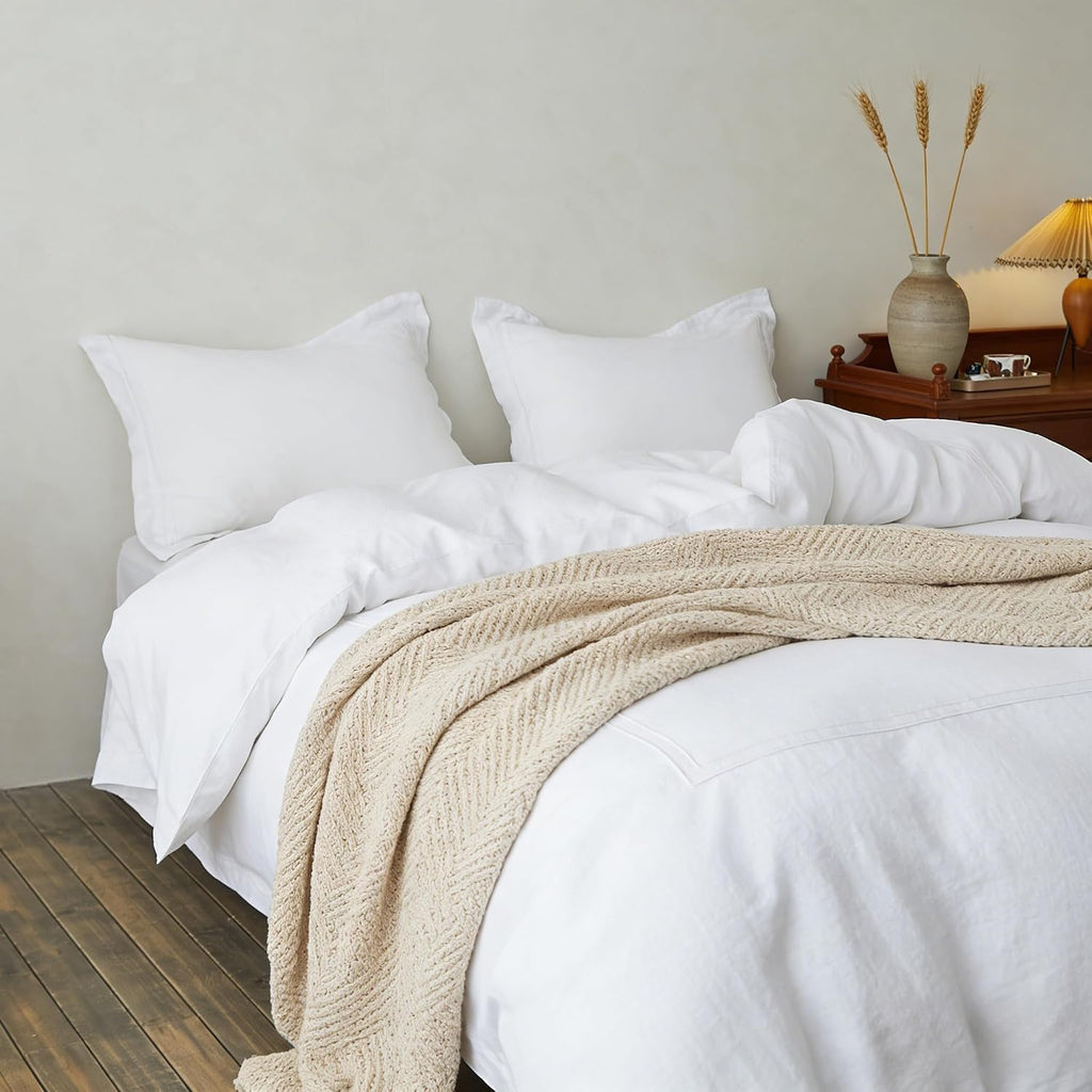 Simple&Opulence 100% Washed Linen Duvet Cover Set 104'x92' - 3 Pieces Soft Farmhouse Comforter Cover Set Double Embroidered with Button Closure - 1 Duvet Cover and 2 Pillowcases (White, King)