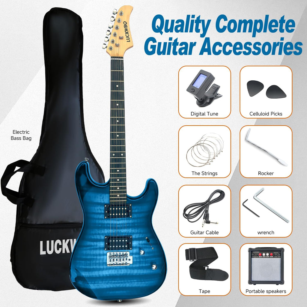 39' Full Size ST Style Electric Guitar Starter Kit with HH Pickup, 20W Portable Amp, Tuner, Gig Bag, Strap & Accessories(Blue Flame)