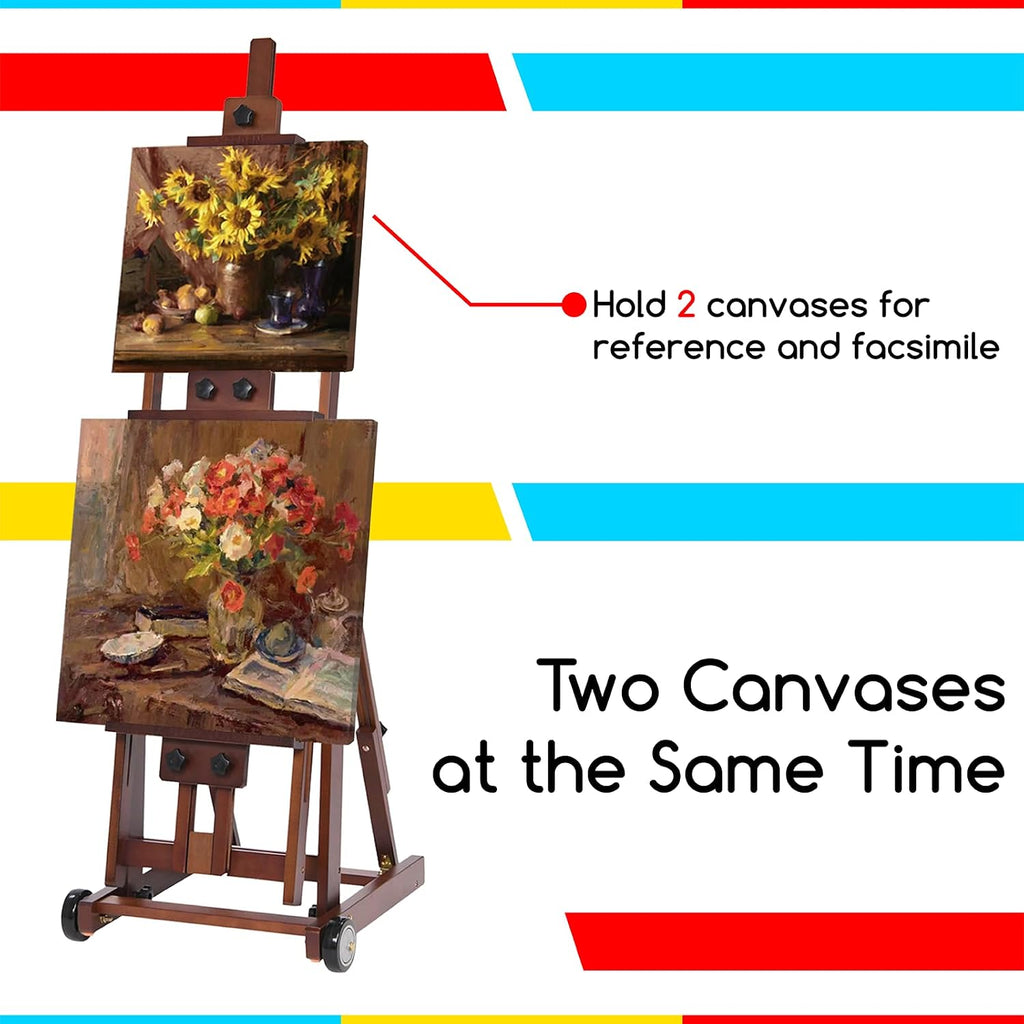 MEEDEN Studio H-Frame Easel -Adjustable Beech Wood Studio Art Easel, Painting Floor Easel Stand, Movable and Tilting Flat Available, Holds Canvas Art up to 77',Classic Walnut