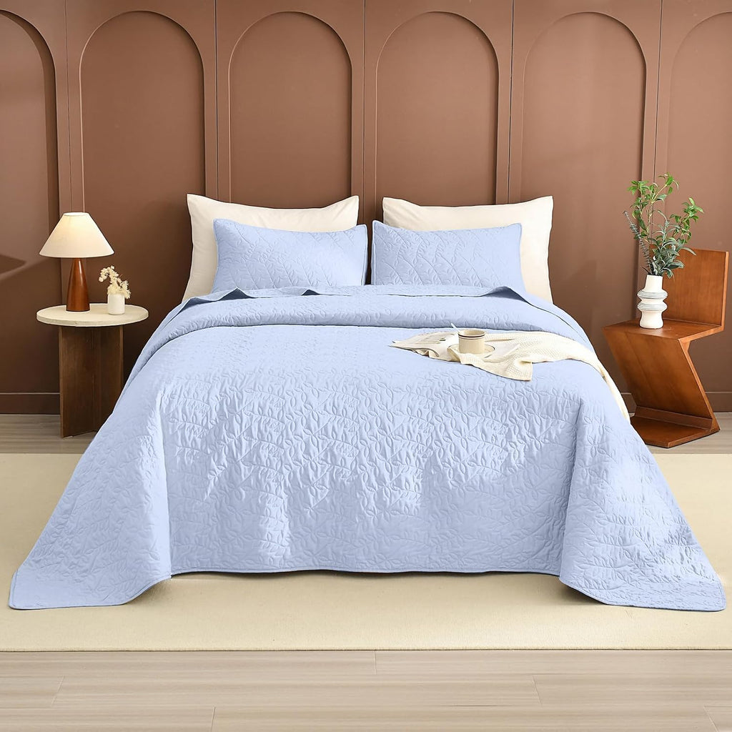 Lady Ann Light Blue Oversized King Bedspread 128x120, Leaves Pattern Printed Oversized King Quilt Set for Extra Large Bed, Lightweight & Soft Farmhouse Bedspreads & Coverlets, 3PCS
