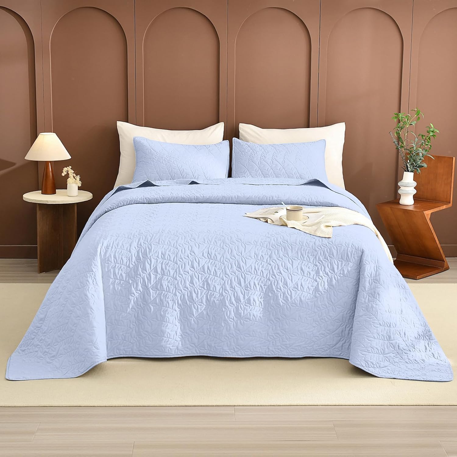 Lady Ann Light Blue Oversized King Bedspread 128x120, Leaves Pattern Printed Oversized King Quilt Set for Extra Large Bed, Lightweight & Soft Farmhouse Bedspreads & Coverlets, 3PCS