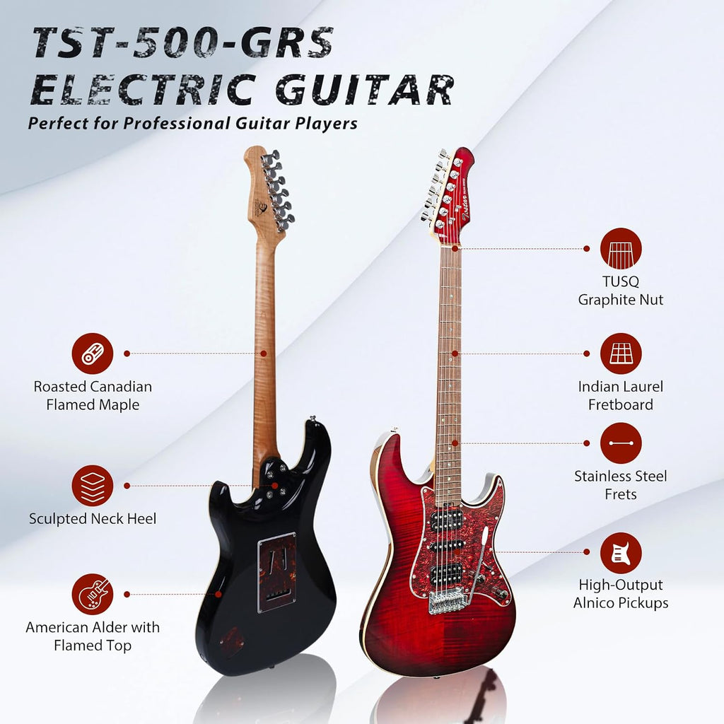 TOSTAR Electric Guitar with HSH Alnico 5 Pickups, Locking Tuners, Push-Pull Coil Split, Enhanced Sustain, Solid Body Electric Guitars for Advanced Players, Guitarra Electrica, Red