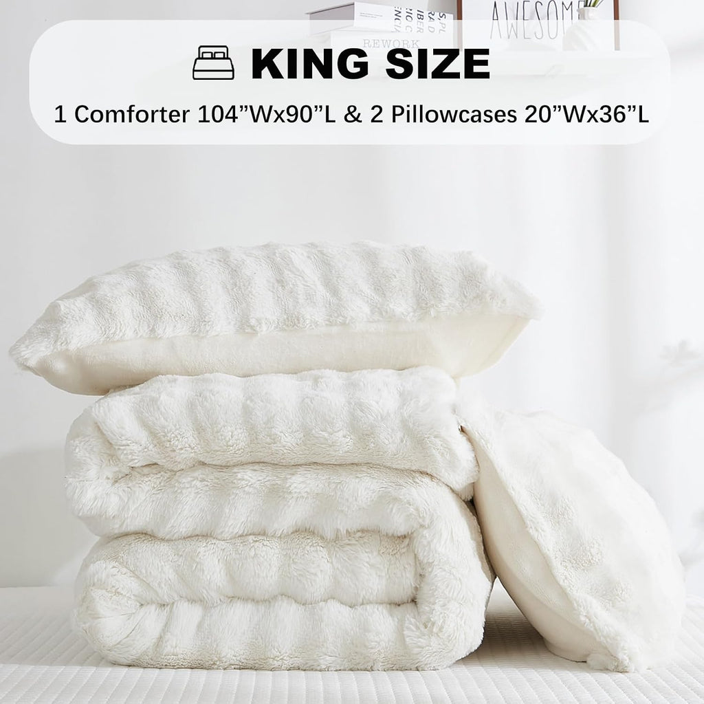 Bedbay White Faux Fur Comforter Set King Size Plush Fluffy Comforter Winter Bedding Set 3 Pcs Soft Cozy Warm Winter Quilts King Size Smoofy Velvet Bubble Rabbit Fur Fuzzy Comforter Luxury Bedding Set