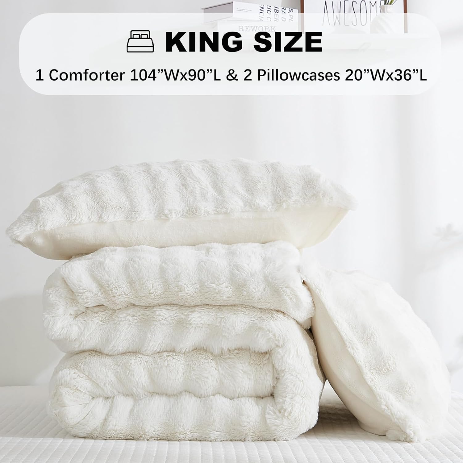 Bedbay White Faux Fur Comforter Set King Size Plush Fluffy Comforter Winter Bedding Set 3 Pcs Soft Cozy Warm Winter Quilts King Size Smoofy Velvet Bubble Rabbit Fur Fuzzy Comforter Luxury Bedding Set
