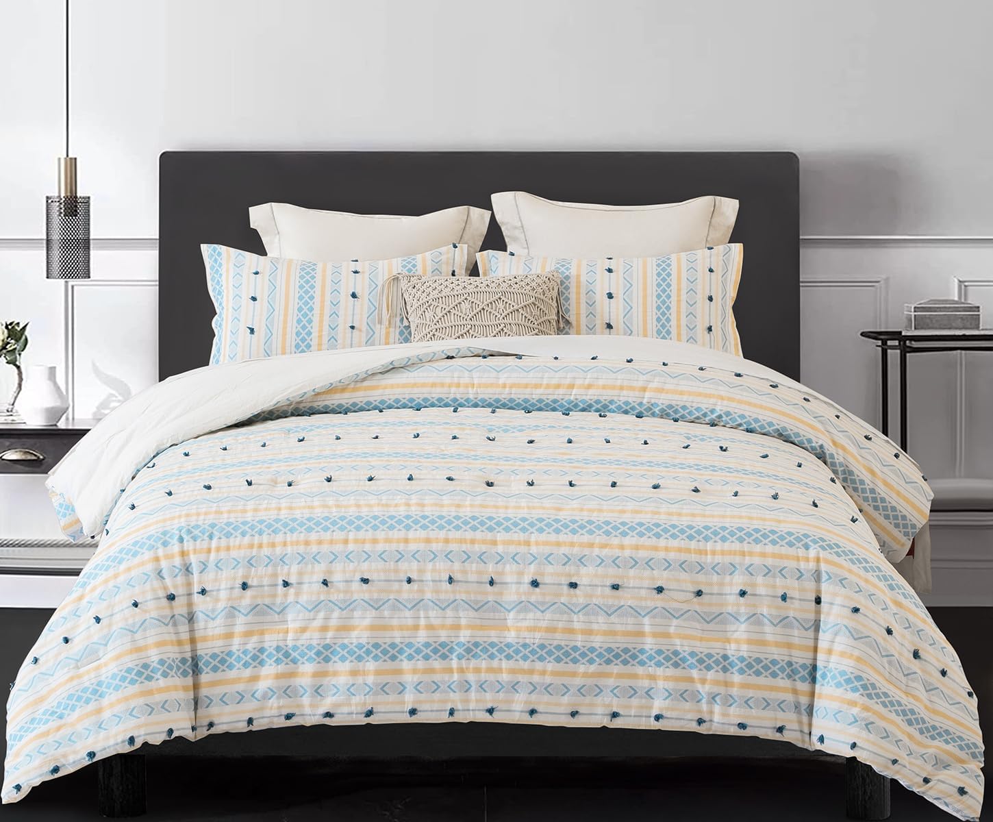 SLEEPBELLA Washed Double Layer Muslin 100% Cotton Comforter Set King Size, Yellow Blue Boho Fluffy Thick Checked Bedding Set, Soft Breathable (1 Comforter, 2 Pillow Shams)