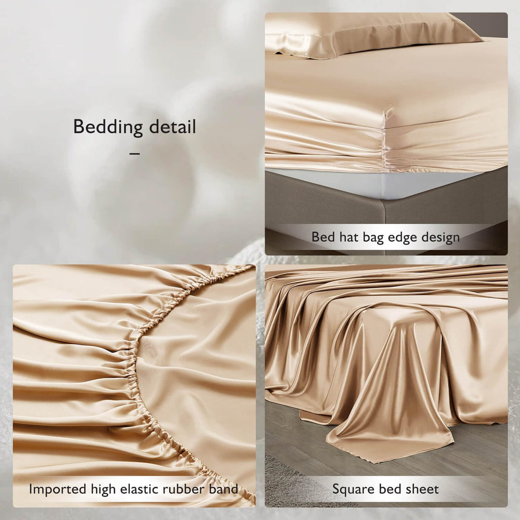 DISANGNI 22 Momme 100% Mulberry Silk Bedding Set - 4-Piece Luxury (2 Pillowcases, 1 Fitted Sheet, 1 Flat Sheet) - 6A Grade Natural Silk (Champagne, Queen)