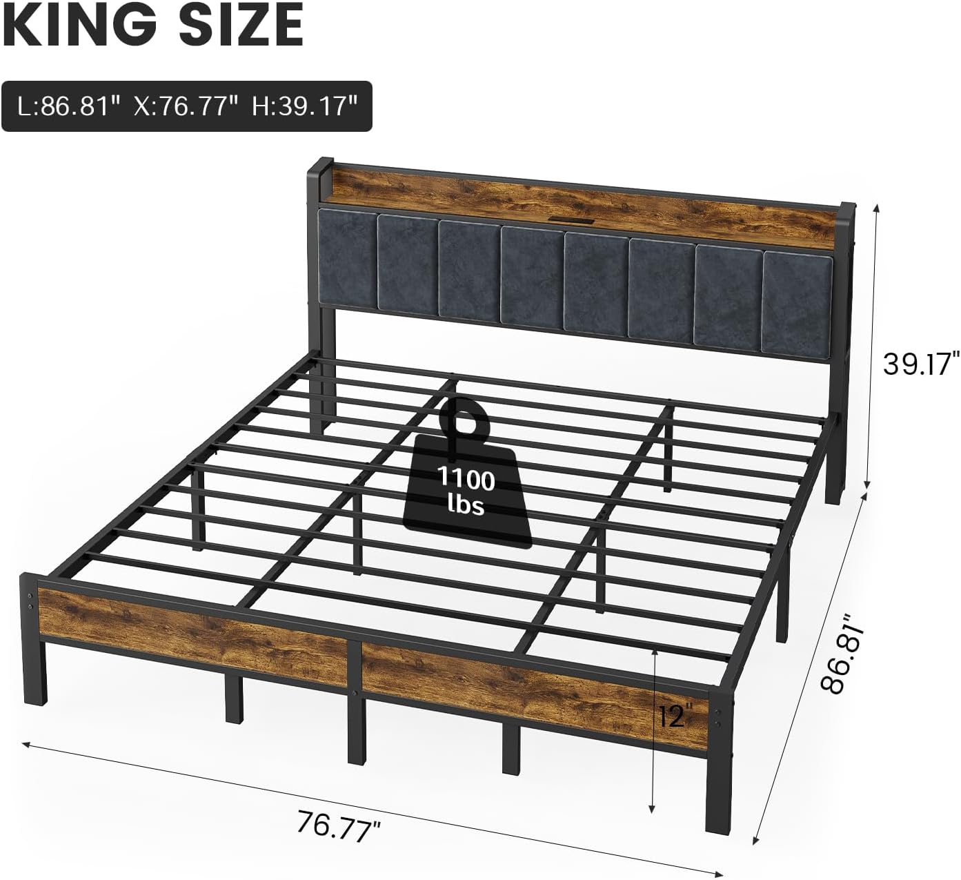 PROTEA King Size Bed Frame with LED Lights and Charging Station, Storage Headboard, Heavy Duty Metal Platform with Slats, No Box Spring Needed, Easy Assembly