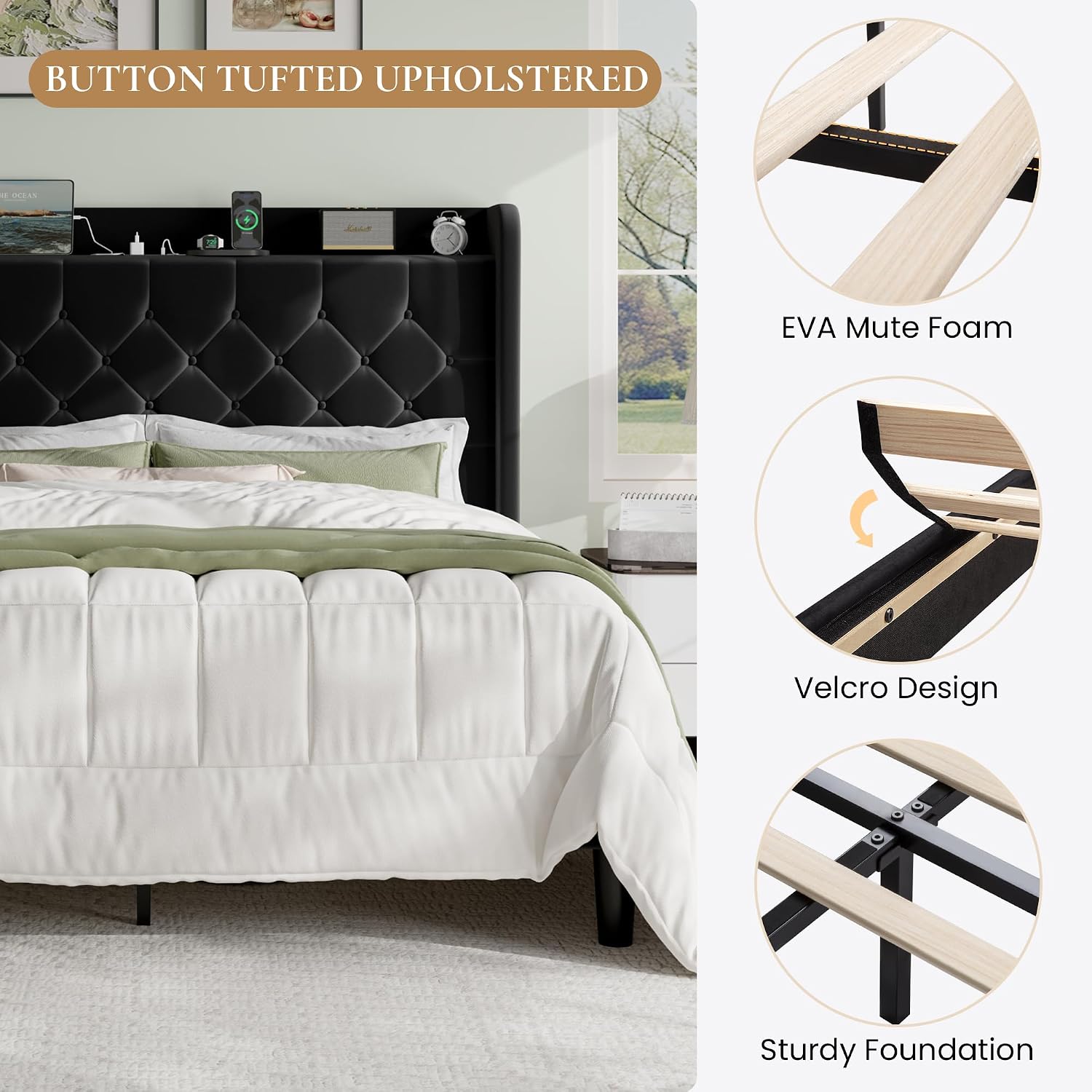 SHA CERLIN Queen Size Platform Bed Frame with Charging Station, Velvet Wingback Headboard with Storage Shelf, Wooden Slats Support, Ample Under-Bed Space, No Box Spring Needed, Easy Assembly, Black