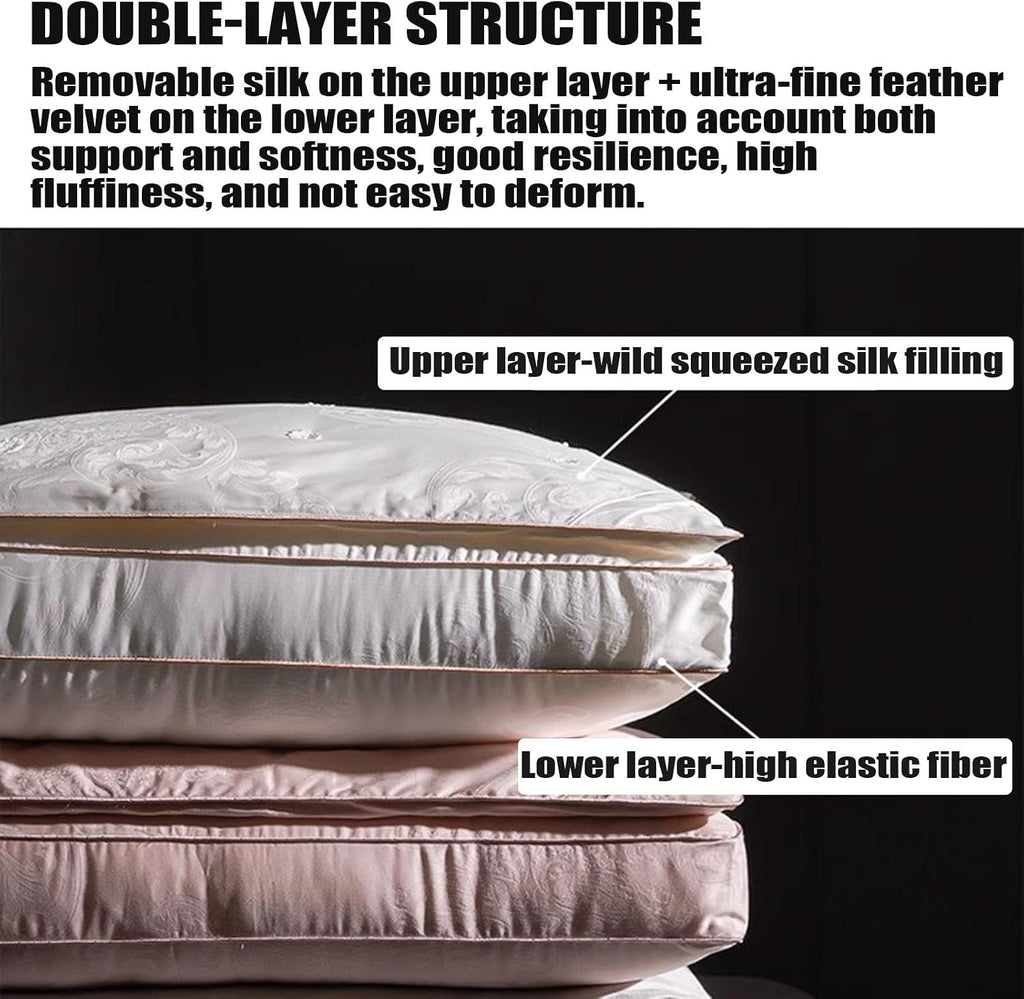 Luxury Mulberry Silk Filled Pillow 2 Pack - 100 Count Cotton Jacquard Pillowcase, Ultra-Soft & Smooth Natural Mulberry Silk Bed Pillows for Sleeping, Head & Neck Support, 48 X 74CM,White