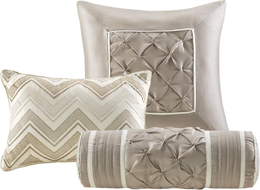Madison Park Laurel Cozy Comforter Set - Traditional Tufted Faux Silk Design, All Season Down Alternative Bedding with Matching Shams, Decorative Pillow, Ivory King(104'x92') 7 Piece