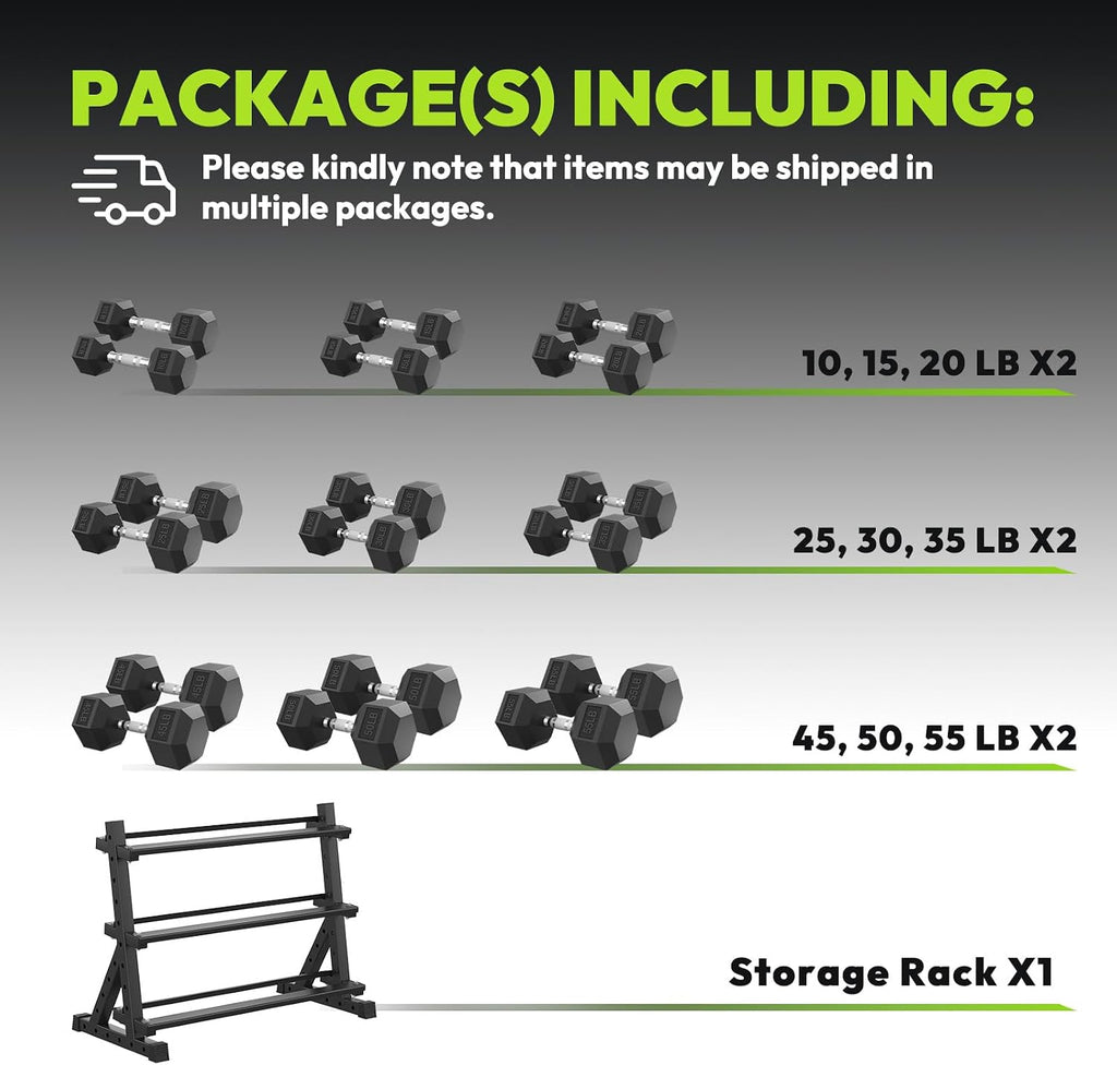 HANDBODE Hex Dumbbell Set with Rack, 300-840 lb Rubber Coated Fixed Weights Sets with Heavy Duty Storage Stand, Hexagon Shape, Multiple Weight Options Home Gym Equipment for Strength Training