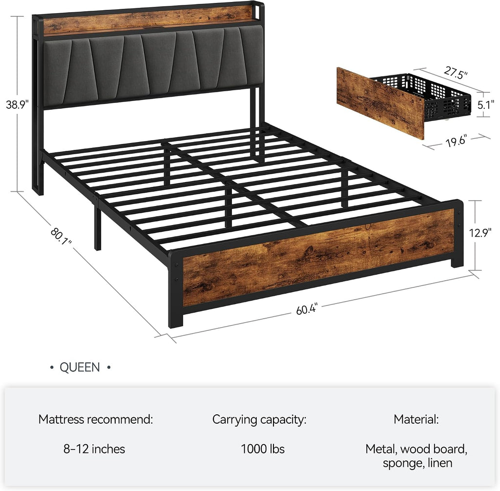 GarveeHome Queen Size Bed Frame with Storage Linen Upholstered Headboard, 4 Drawers Platform Bed Frame with Charging Station, No Box Spring Needed, Easy Assembly, Rustic Brown