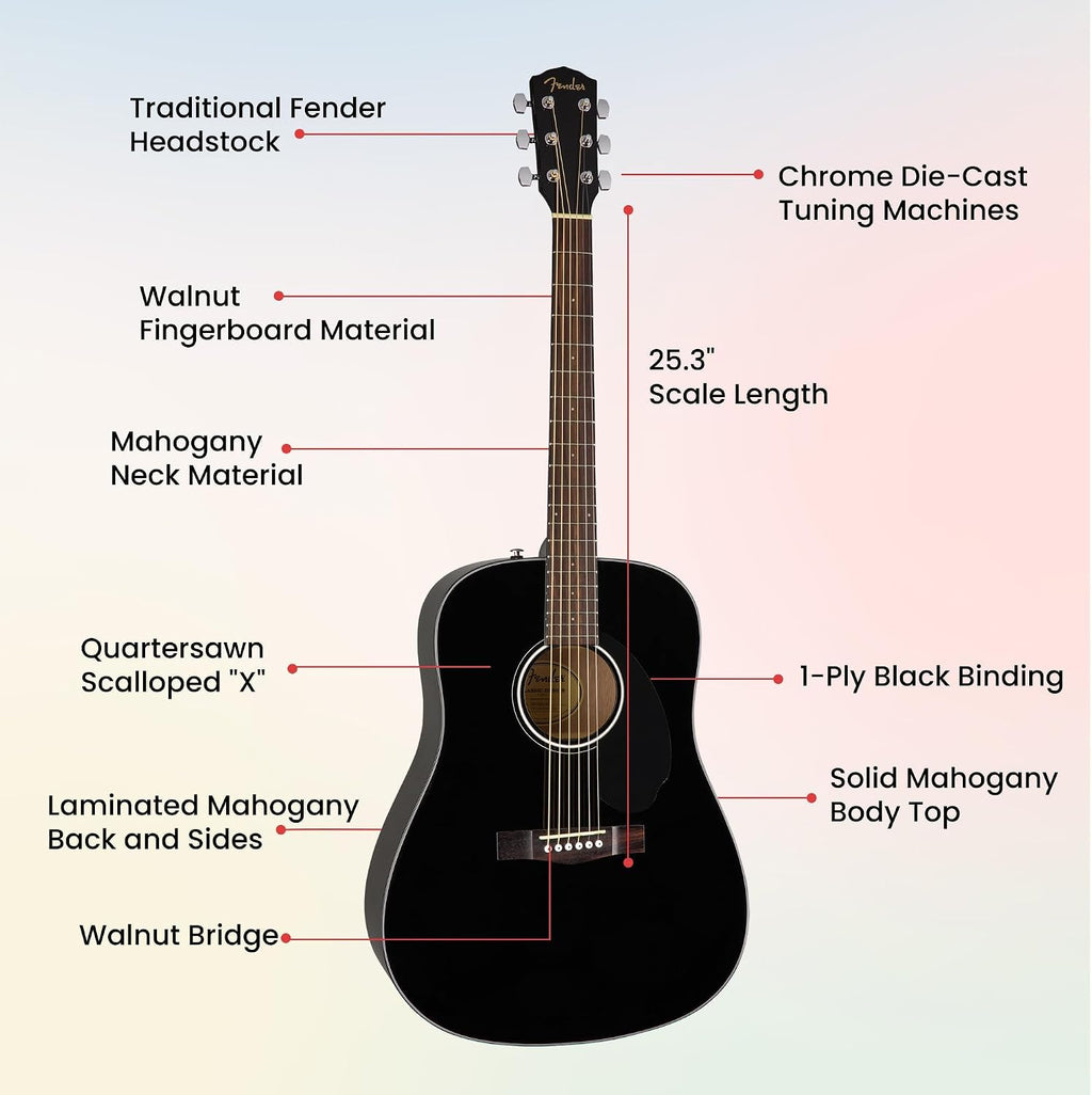 Fender CD-60S Solid Top Dreadnought Acoustic Guitar - Black Bundle with Gig Bag, Tuner, Strap, Strings, Picks, and Austin Bazaar Instructional DVD