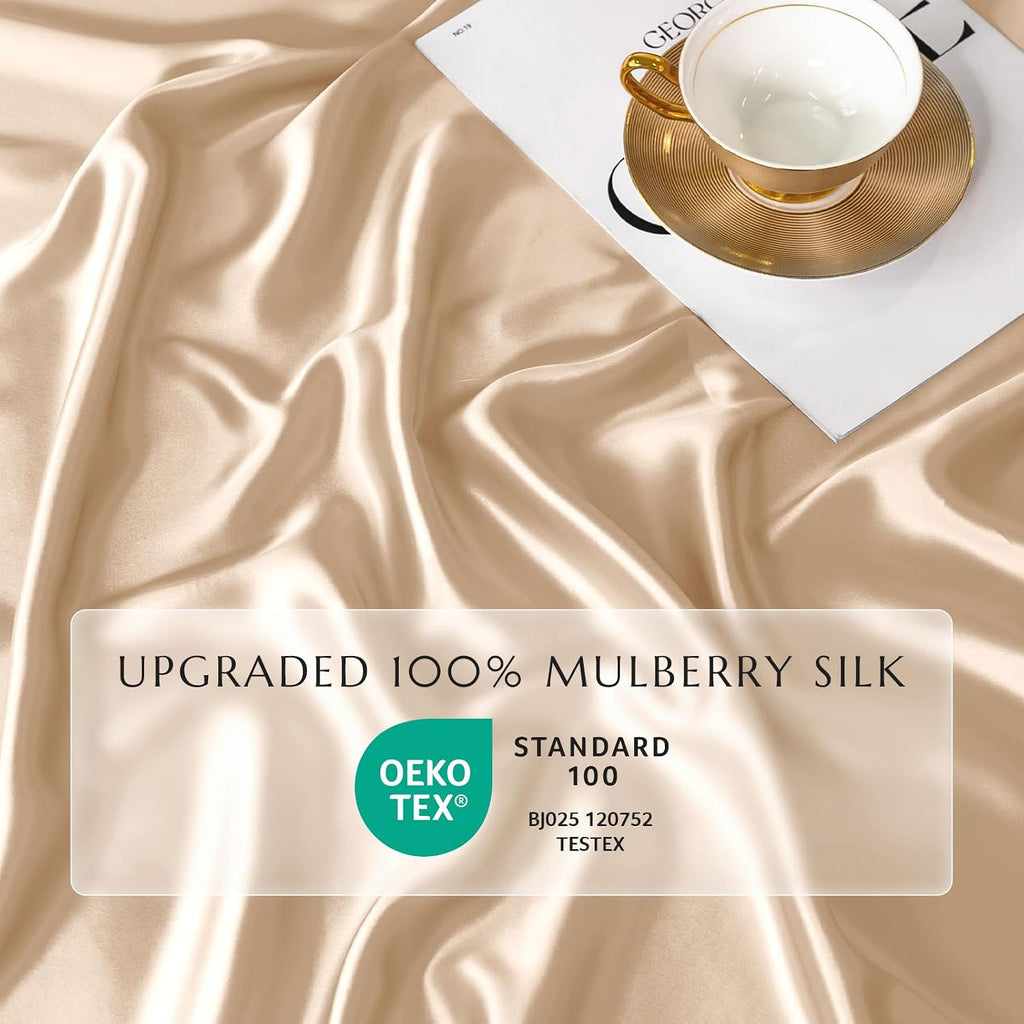 THXSILK 100% Silk Sheet Set, 7A+ Silk Sheet Set Soft Breathable, Luxury Bedding (1 Duvet Cover, 1 Fitted Sheet, 2 Pillow Shams), King, Champagne