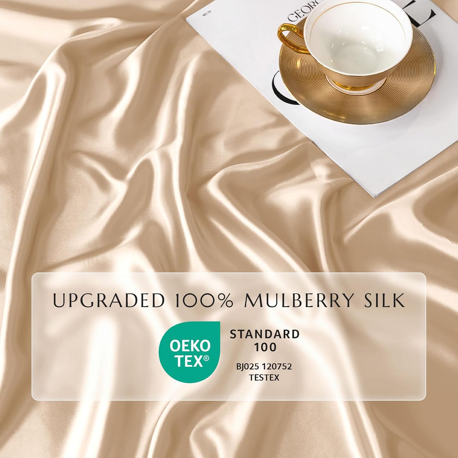 THXSILK 100% Silk Sheet Set, 7A+ Silk Sheet Set Soft Breathable, Luxury Bedding (1 Duvet Cover, 1 Fitted Sheet, 2 Pillow Shams), King, Champagne