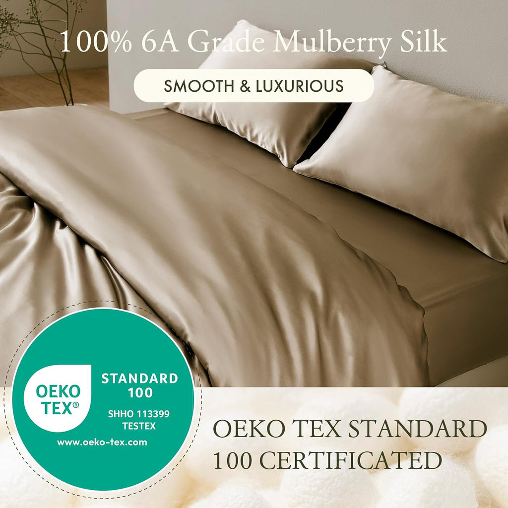 LilySilk 4PC Silk Fitted Sheet Set, 19 Momme Silk Bed Sheets, 1 Flat Sheet, 1 Fitted Sheet and 2 Oxford Silk Pillowcases, Silk Bedding Set 100% Top 6A Grade, Taupe Cal.King Size