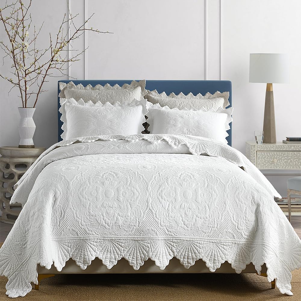 Cotton Quilt Bedding Set Reversible Lightweight Coverlet for All Seasons, 3 Pieces Embossed Floral Solid White Bedspread with Ruffled Edge, Queen Size