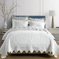 Cotton Quilt Bedding Set Reversible Lightweight Coverlet for All Seasons, 3 Pieces Embossed Floral Solid White Bedspread with Ruffled Edge, Queen Size