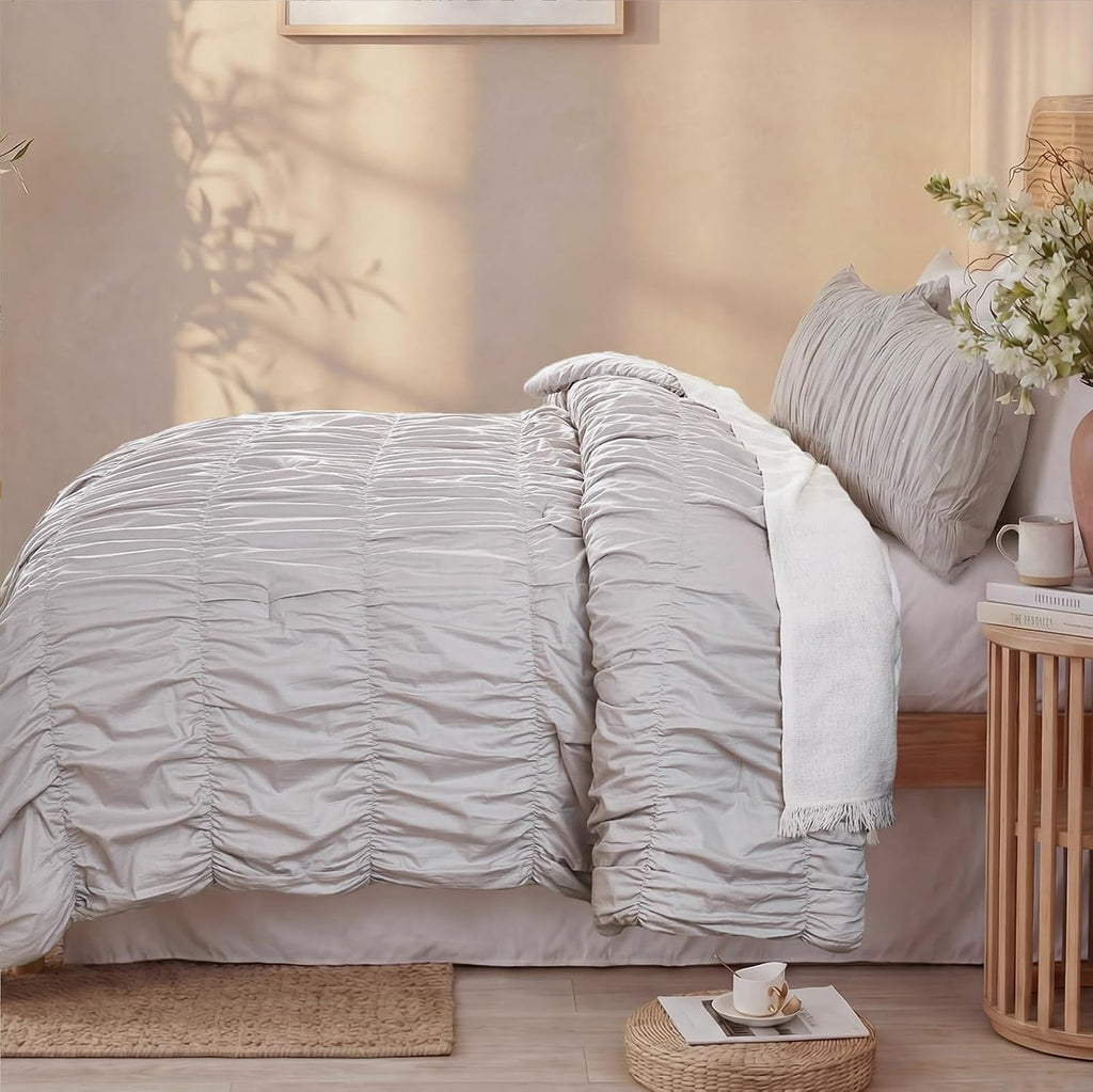 Bedbay Cotton Ruched Comforter for King Size Bed,Breathable Cotton Boho Comforter Set,Shabby Chic Ruffle Bedding Vintage Farmhouse Quilt Set,Soft Durable 3 Pcs Fluffy Comforter Bedroom Decor