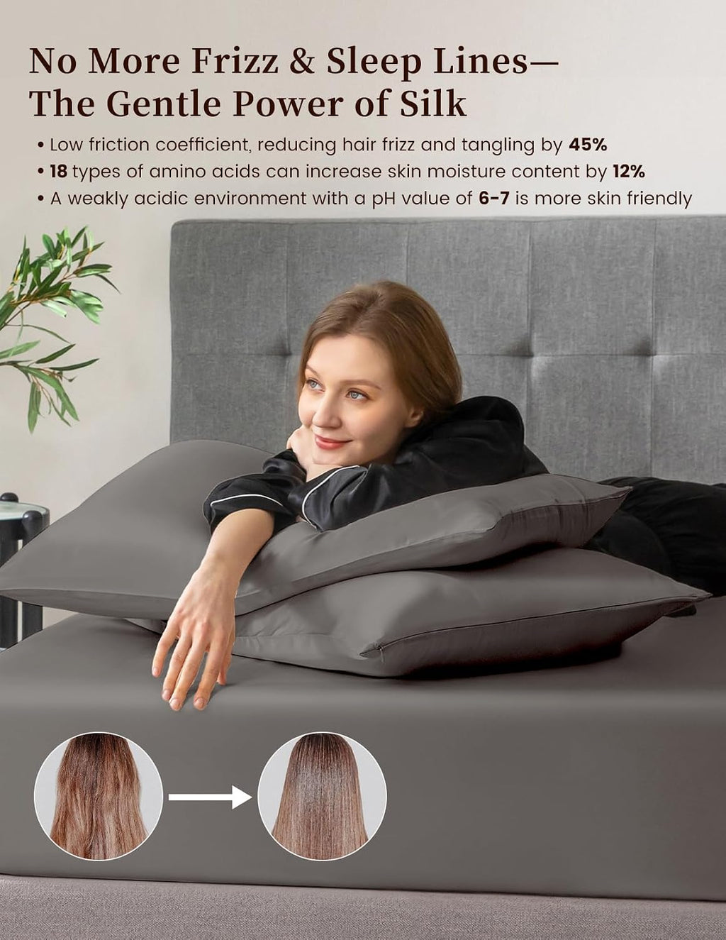 THXSILK 100% Mulberry Silk Bed Sheet Set - 3pcs Pure Silk Sheet Set - 16' Deep Pocket Fitted Sheet, 2 Pack Silk Pillowcase with Zipper Closure - Full Size, Dark Grey