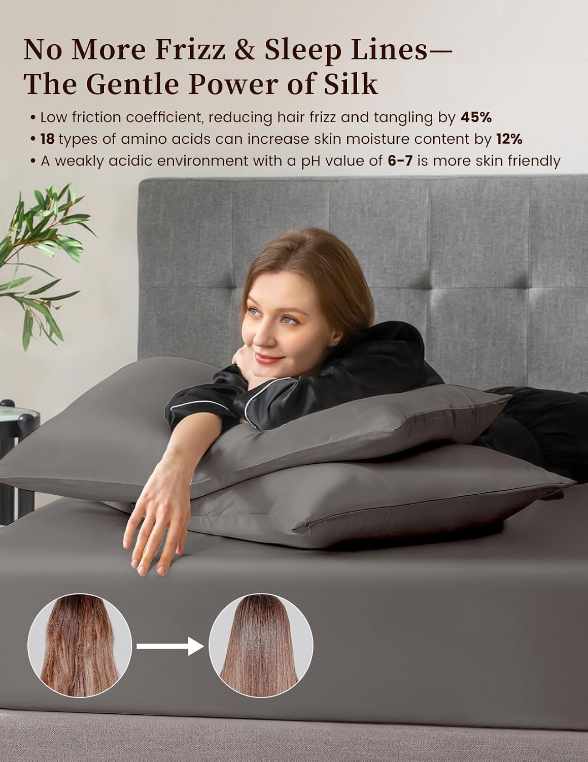 THXSILK 100% Mulberry Silk Bed Sheet Set - 3pcs Pure Silk Sheet Set - 16' Deep Pocket Fitted Sheet, 2 Pack Silk Pillowcase with Zipper Closure - Full Size, Dark Grey