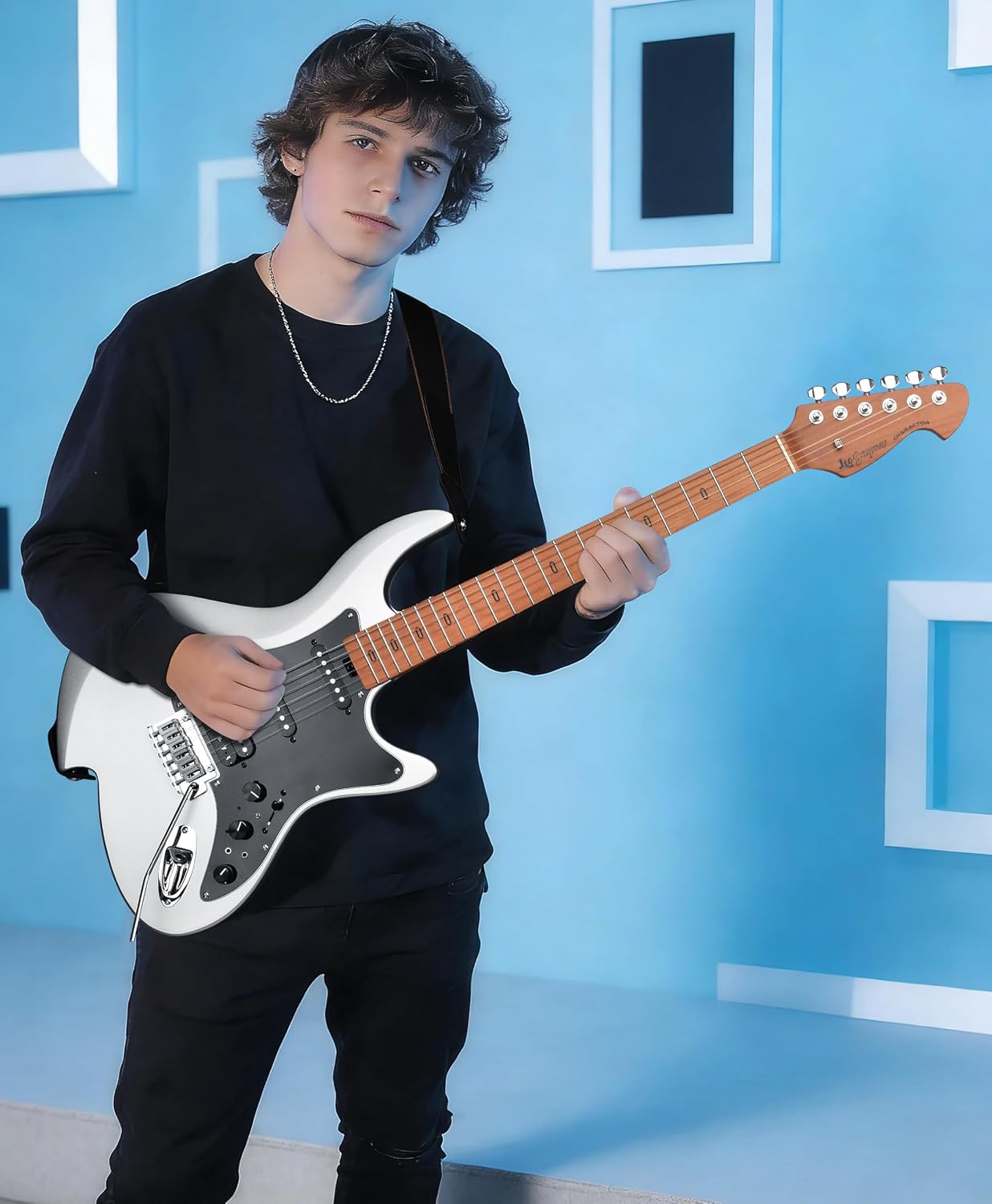 Leo Jaymz Character Series Electric Guitar with Roasted Maple Neck, SSH Active Pickups, Built-in Multi-Effects & Vintage Tremolo(Matte Silver)