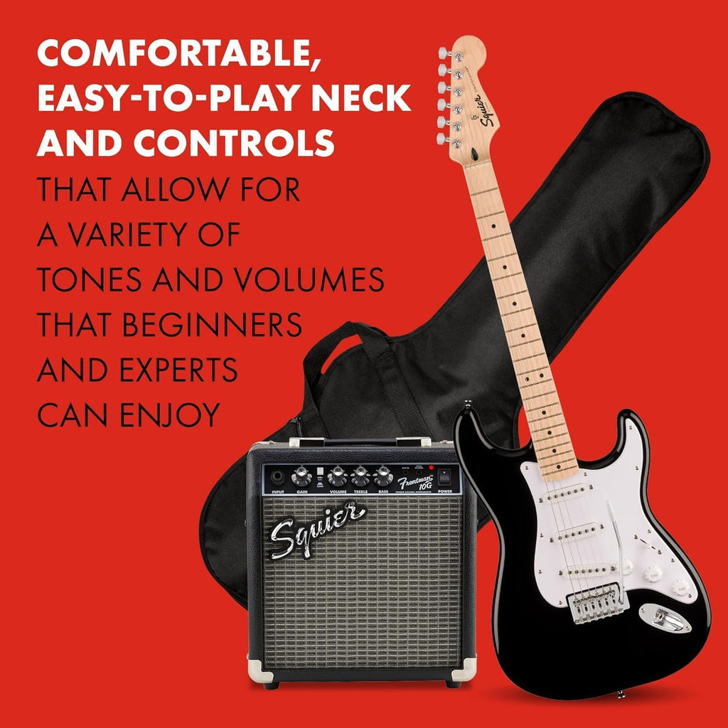 Squier Sonic Stratocaster Electric Guitar Pack, Black, Maple Fingerboard, with Gig Bag, 10G Amp, and Accessories