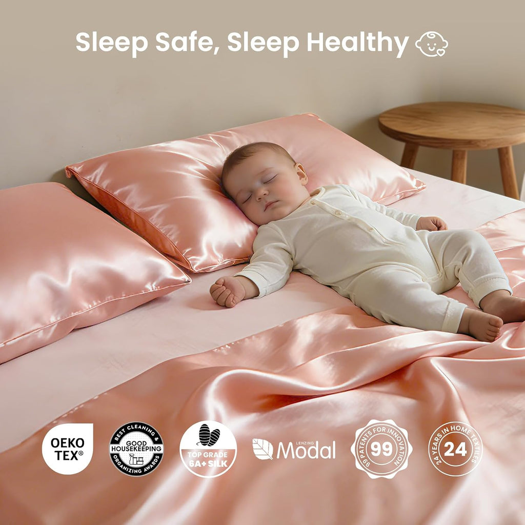 THXSILK Luxury Mulberry Silk Bed Sheets Set - 5pcs Silk Sheets Set 16' Deep Pocket - 2 Fitted Sheets, 1 Flat Sheet, 2 Pillowcases with Zipper Closure - Split King, Charming Pink