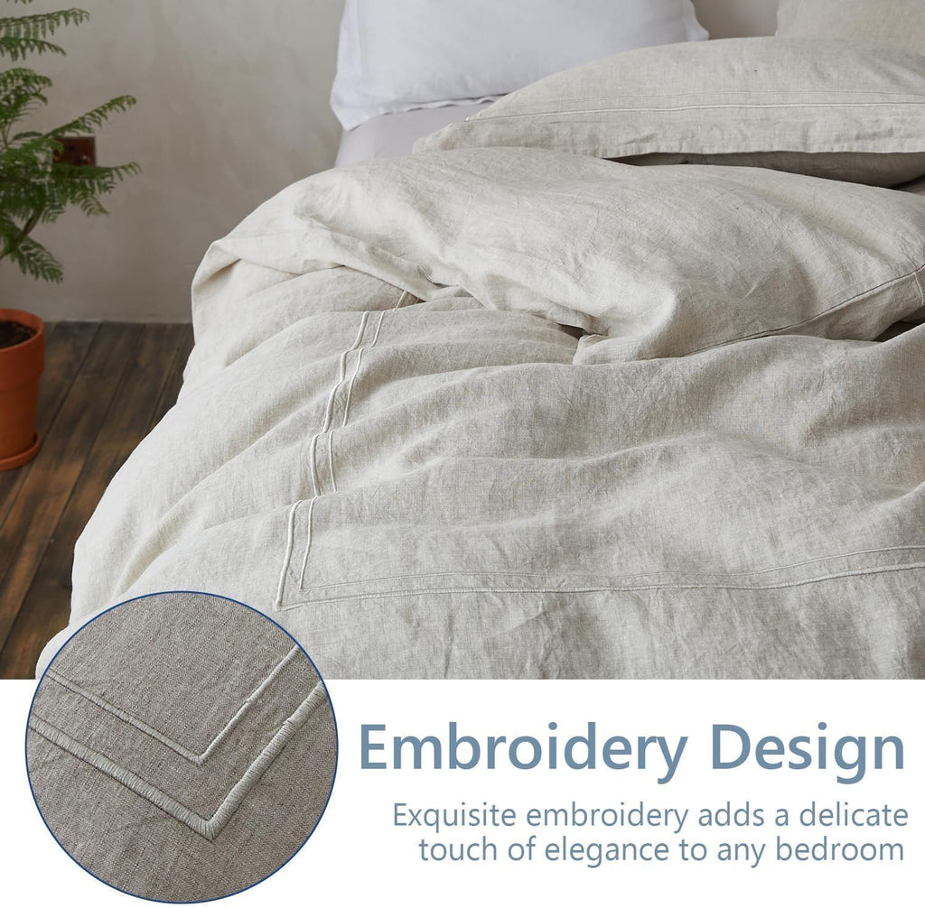 Simple&Opulence 100% Washed Linen Duvet Cover Set 104'x92' - 3 Pieces Soft Farmhouse Comforter Set Double Embroidered with Button Closure - 1 Duvet Cover and 2 Pillowshams (Linen, King)